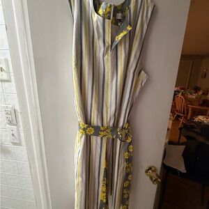 Elegant Yellow and Gray Striped Midi Dress